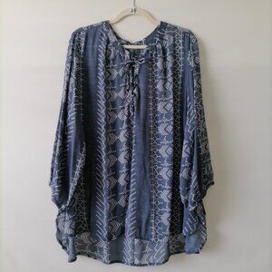 Unbranded Womens Blue White Hi Low Hem 3/4 Sleeve Tribal Boho Blouse Size OS